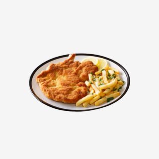 Șnițel de pui cu cartofi prăjiți și salată de varză