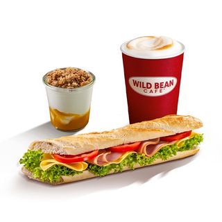 Zestaw Śniadaniowy Bagietka Polska + Jogurt Malinowy z Chia + Kawa