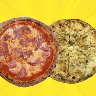 Pizza prosciutto + pan de ajo con queso