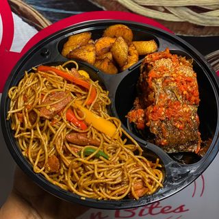 Stirfry Pasta ,Plantain And 1 Peppered Croaker Fish