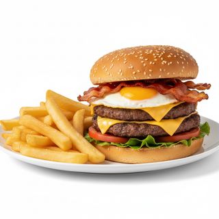 Doble hamburguesa con queso y beicon + patatas fritas 