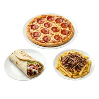 Kebab + Pizza Mediana + Patatas Fritas con Carne Kebab