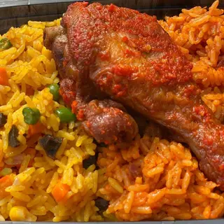 Half Jollof Rice and half fried rice with peppered chicken