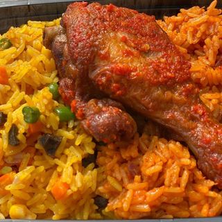Half Jollof Rice and half fried rice with peppered chicken