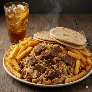 beef + pilau + chapati + soda