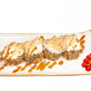 168.Tempura samon,queso con fedeo frito