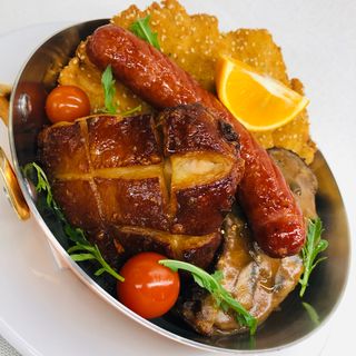 Small assort of hot meat with pan