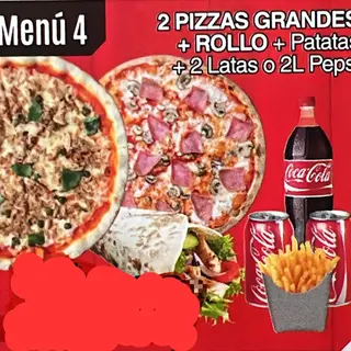 Menu 4+ 2 Pizzas Grandes kebab Rollo+ptata+2Latas o 2L Pepsi
