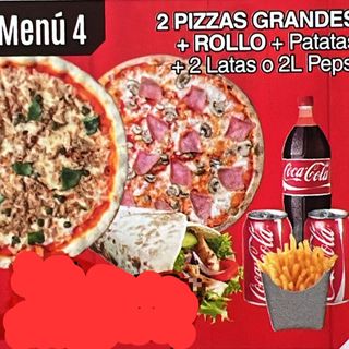 Menu 4+ 2 Pizzas Grandes kebab Rollo+ptata+2Latas o 2L Pepsi
