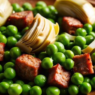 GUISANTES DE LLAVANERES CON ALCACHOFAS Y BUTIFARRA NEGRA