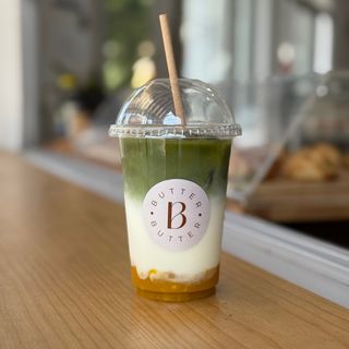 Iced mango matcha latte