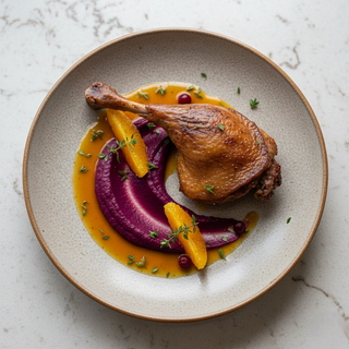 Pulpă de rață cu piure de de varză roșie si sos de portocale