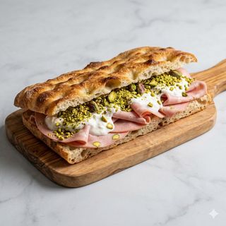 Schiacciata con Bologna IGP, stracciatella, granella di pistacchi