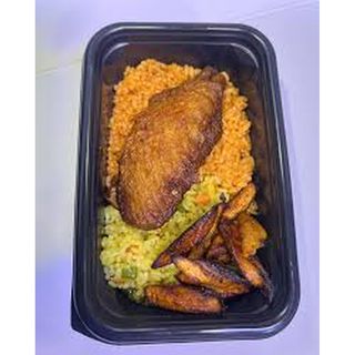 Fried rice, jollof rice and turkey with plantain