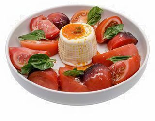 Ensalada caprese con burrata ahumada o clásica, albahaca y tomates