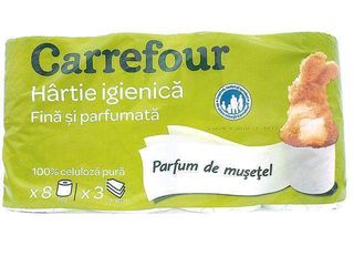Hartie igienica fina cu parfum de musetel 3 straturi, 8 role Carrefour