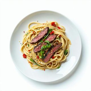 Spaghetti cinesi con vitello alla piastra