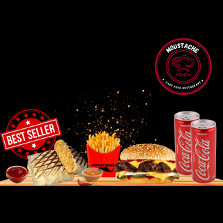 1 Double Cheese burger+ 1Tacos Kefta +1 Frites + 2 Coca  + Sauces