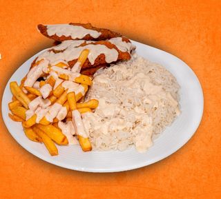 Arroz Con Pollo Rebozado y patatas