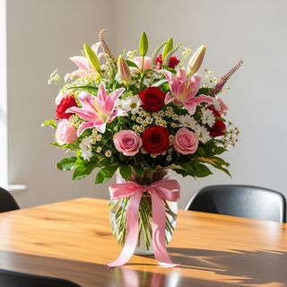 12 Roses - Composition En Vase Rose Et Rouge