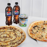 2 Pizzas + 2 Bebidas + 1 Helado