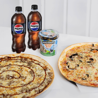 2 Pizzas + 2 Bebidas + 1 Helado