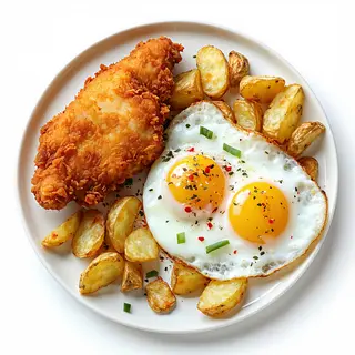 Pollo empanado con patatas y huevos fritos