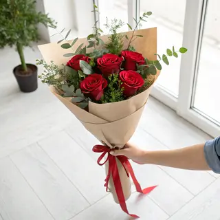 Bouquet Rustique - 6 Roses Rouges