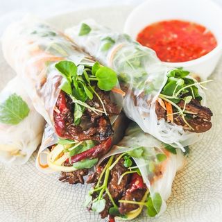 Beef With Rice or Noodles + Spring Rolls