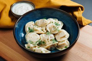 Stroganov dumplings with beef and pork