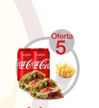 oferta 5 ( 2 kebab+patatas+refresco 2 latas )