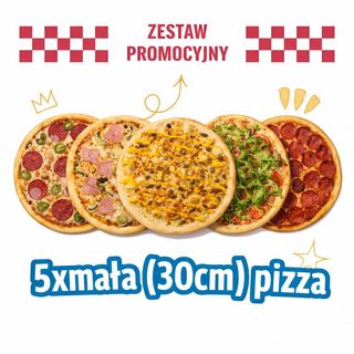 5 różnych  małych pizz w jednym zestawie.