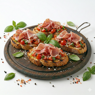 Bruschete cu roșii, parmezan și prosciutto crudo