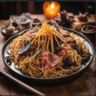 97. Yakisoba de Foie con Trompetas de la muerte, Jamón ibérico y parmesano