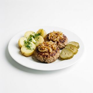 Rumsztyk z cebulką 2 szt., ziemniaki z koperkiem, ogórki kiszone
