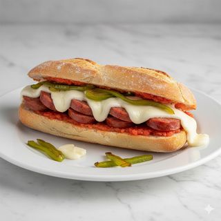 Bocadillo De Longaniza, Queso, Pimiento Verde Y Tomate