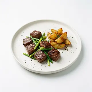 Lomo De Buey A Tacos Con Ajos Ternes Y Guarnición