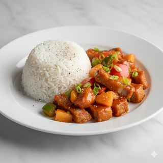 Arroz blanco con cerdo agridulce