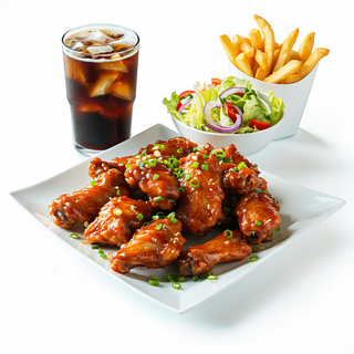 10.Menú Alitas De Pollo Con Ensalada, Patatas Y Bebidas