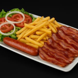 Plato De Bacon, 1 Salchicha, Patatas Fritas Y Ensalada Mixta