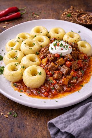 Kluski śląskie z gulaszem po węgiersku pikantne