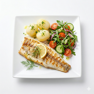 Pescado Del Día A La Plancha, Ensalada Y Patata Cocida.