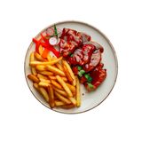 Пилешки гърди с меден сос и гарнитура пържени картофи (350г)