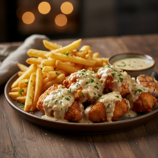Bucatele de pui cu sos garlic parmezan si cartofi prajiti