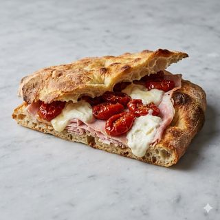 Schiacciata alla pala ripiena di prosciutto cotto nazionale, Pomodorini secchi pugliesi e stracchino della fattoria