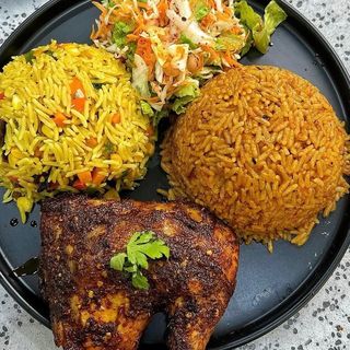 Jollof rice+ fried rice + chicken + salad