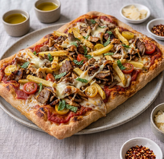 Focaccia  kebab patatine e provola  in teglia