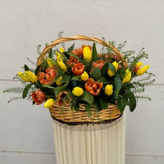 Cesta 60 Tulipanes Premium Amarillos, Naranjas Con Verdes