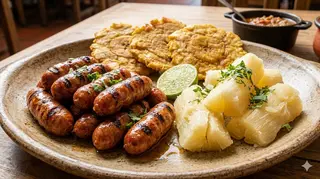Plato De Choricitos Piquete Con Patacón Y Yuca