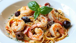 Tagliatelle z krewetkami i oliwkami